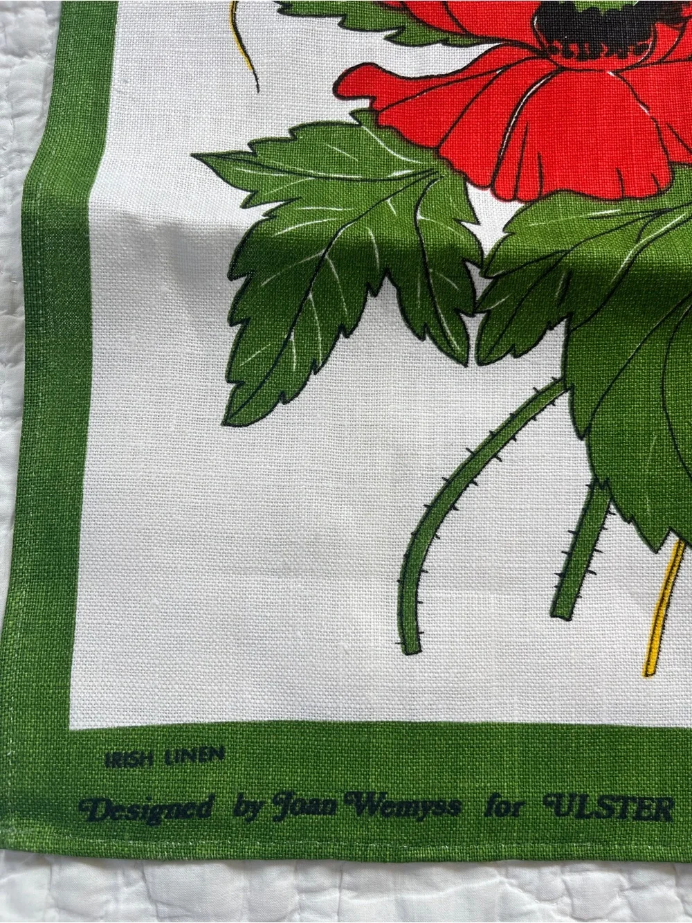 NEW Vtg Ulster Irish Linen Tea Towel Poppies & Corn Joan Wemyss Green Red Floral